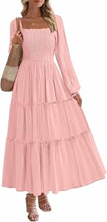 PRETTYGARDEN Maxi Dresses for Women 2026 Fall Boho Long Sleeve Smocked A Line Ruffle Holiday Party Long Dress with Pockets