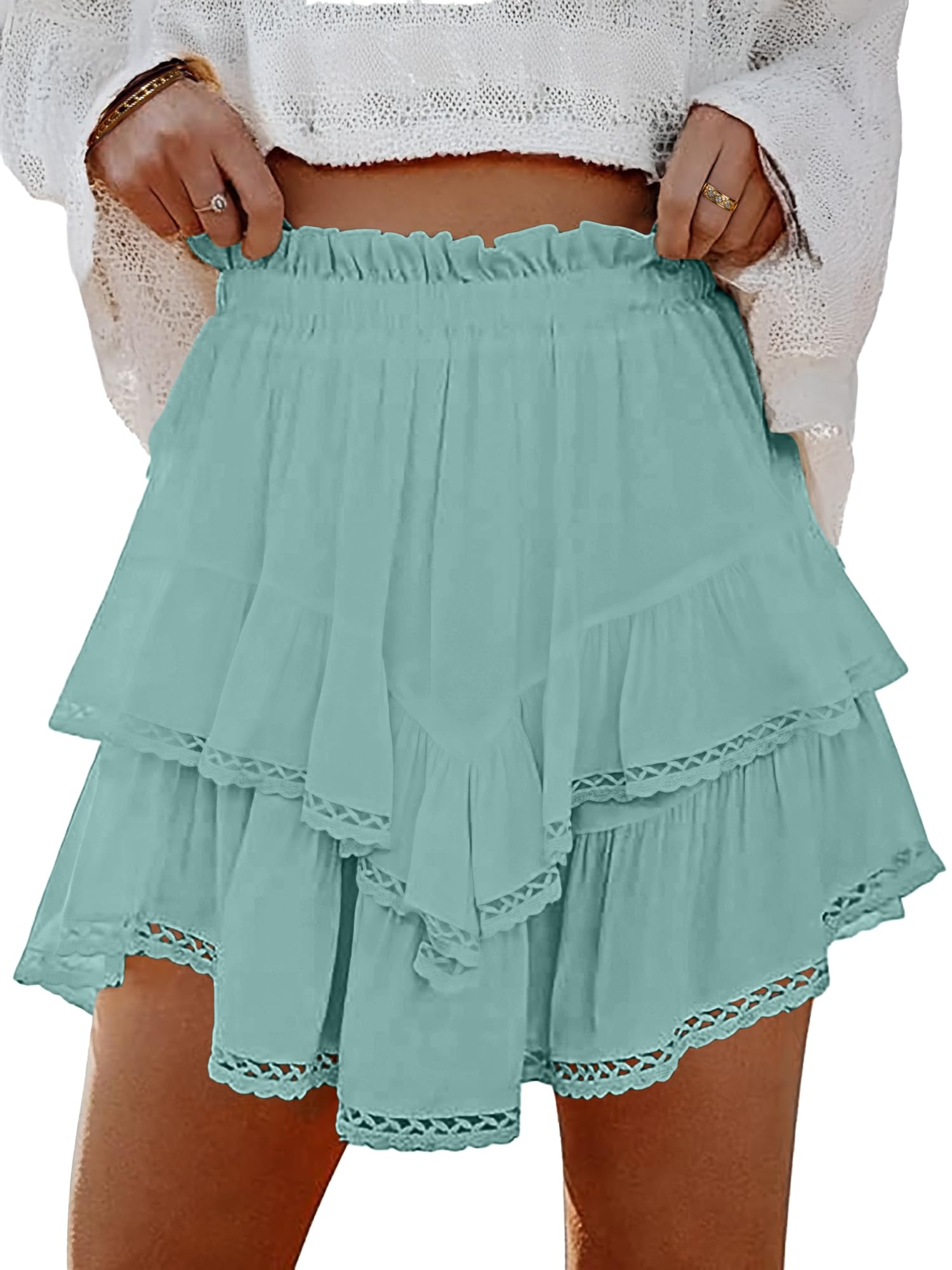 Lepunuo Boho Shorts for Women High Waisted Ruffle Tiered Flowy Skirts with Short