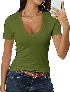 Roselux レディース 半袖 ディープVネック トップス シャツ フィット コットン 夏 Tシャツ