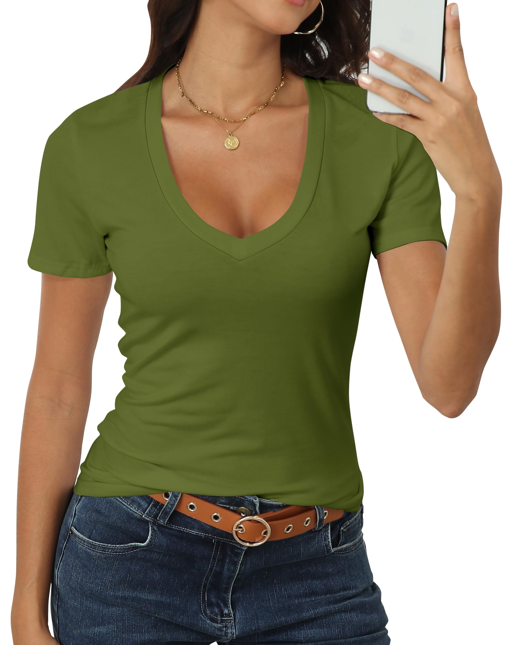 Roselux レディース 半袖 ディープVネック トップス シャツ フィット コットン 夏 Tシャツ