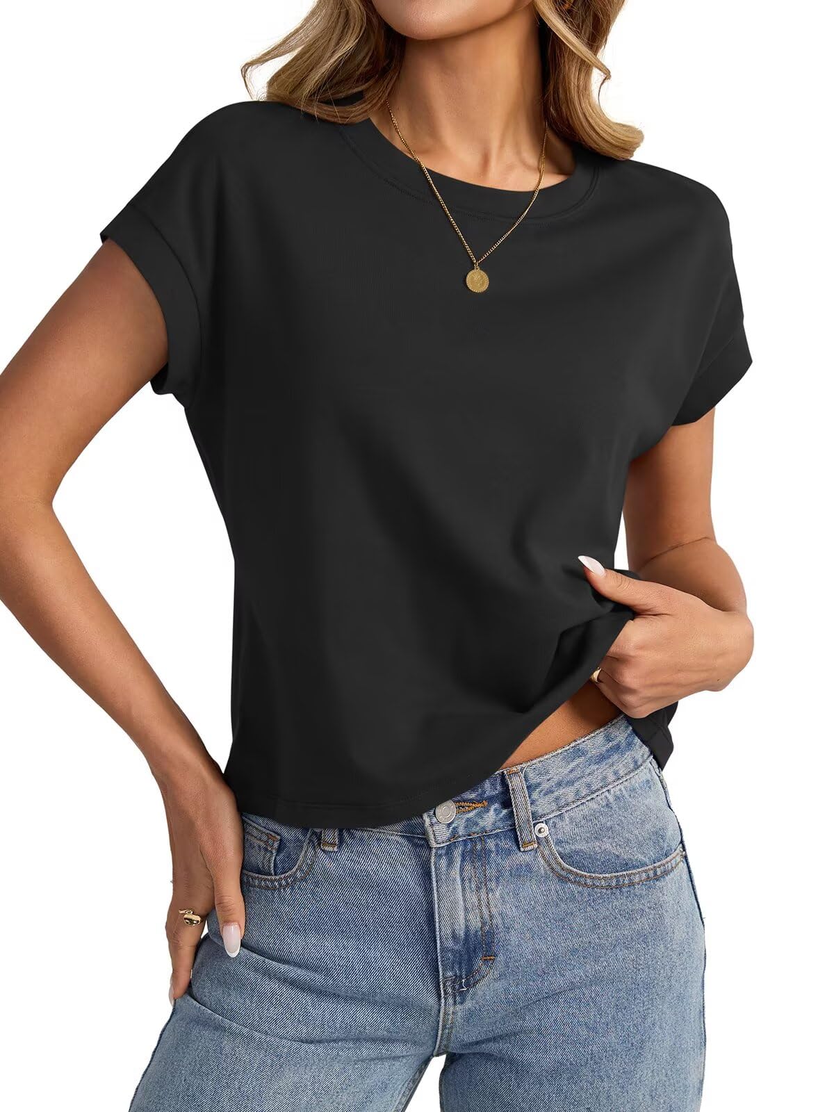 EasyGala Womens Cap Sleeve Crop Tops Cotton T Shirts Crewneck Loose Fit Short Sl