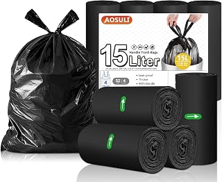 15 Litre Bin Bags Black for Tie Handles, Bathroom, 52 Count