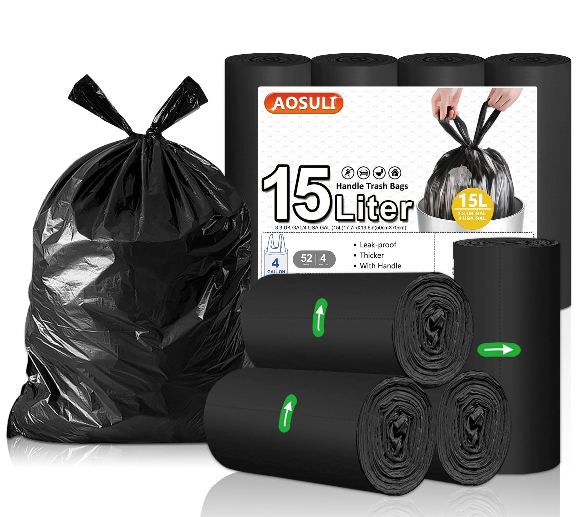 15 Litre Bin Bags Black for Tie Handles, Bathroom, 52 Count