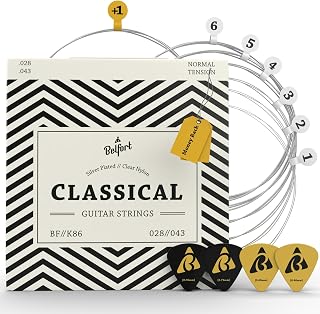 BELFORT Classical Guitar Strings Nylon Silver - Set of 6 + Mi Extra String | 4 picks, extra treble string and eBook included. Ideal for classical, flamenca and concert guitars.