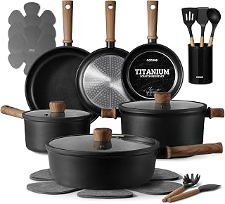 CAROTE 21pcs Pots and Pans Set, Nonstick Cookware Sets | Titanium Reinforced Coating, Scratch-Resistant, Easy to Clean, Even Heating, Induction Compatible, with Frying Pans Set