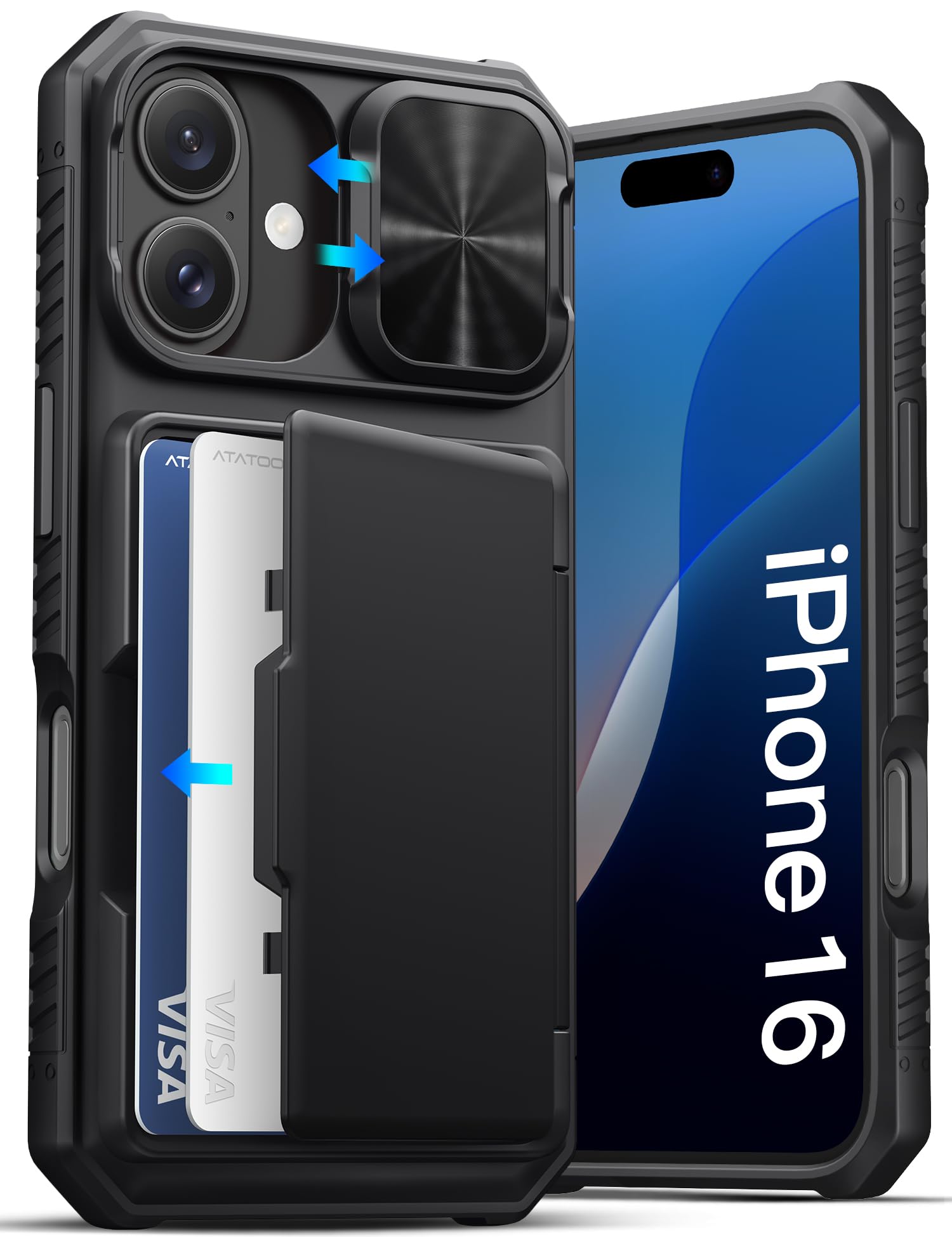 ATATOO for iPhone 16 Case Wallet, Built-in Card Holder (3-5 Cards), Black | Slid
