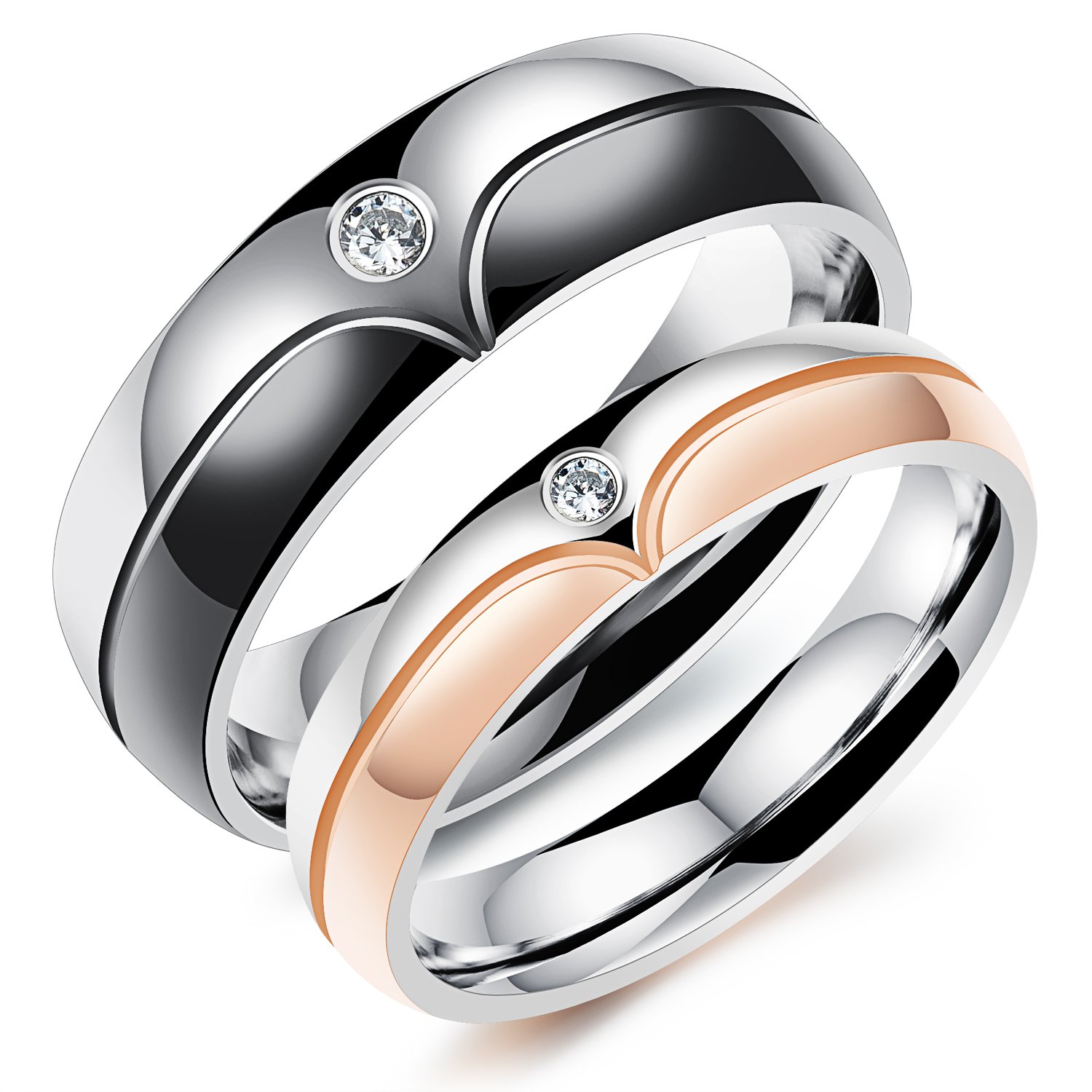Rockyu Jewelry Accessories, Men's Pair Ring, Black Titanium Ring with Zirconia, 