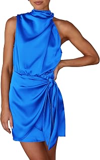PRETTYGARDEN Women's Satin Formal Short Dress 2023 Summer Dress Sleeveless Mock Neck Tie Waist Cocktail Dresses