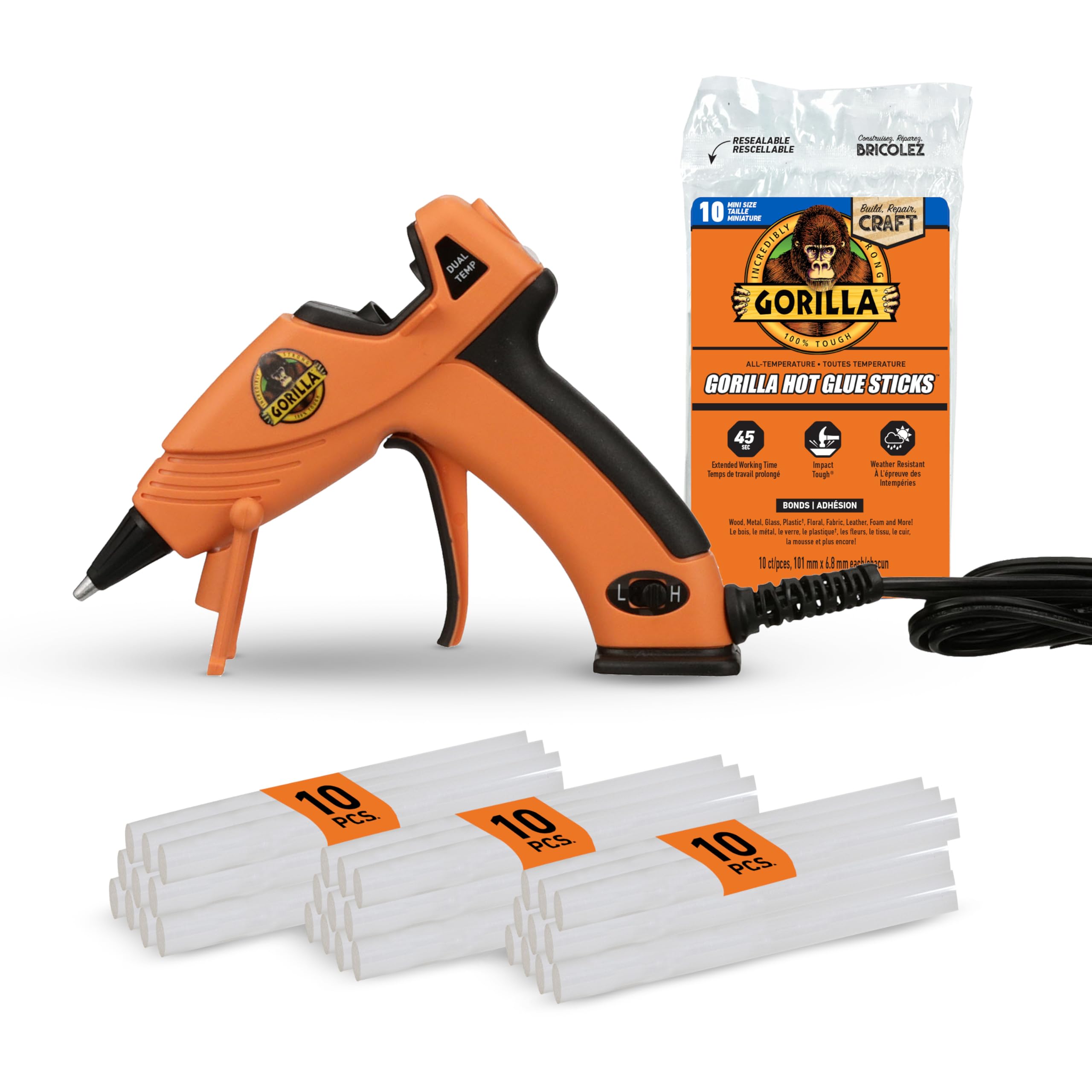 Gorilla Mini Hot Glue Gun Kit, Dual Temp, Includes 30 Sticks | Precision Nozzle,