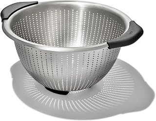 OXO Good Grips Strainer - 5 Qt Capacity, Stainless Steel | Colander, Nesting Design For Easy Storage, Non-Slip Handles, Drains Pasta And Vegetables, Dishwasher Safe