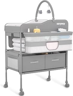 Saryocy Baby Changing Table, Mobile Folding Diaper Changing Station | Adjustable Height, Waterproof Surface, 2 Storage Drawers, Rolling Baby Nursery Organizer for Infant and Newborn