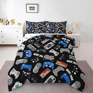 Erosebridal Teens Gamepad Comforter Set, Modern Gamer Down Comforter Queen Size for Kids Boys Children Youth, Video Game Bedding Set Player Gaming Joystick Duvet Insert for Bedroom, Black Blue