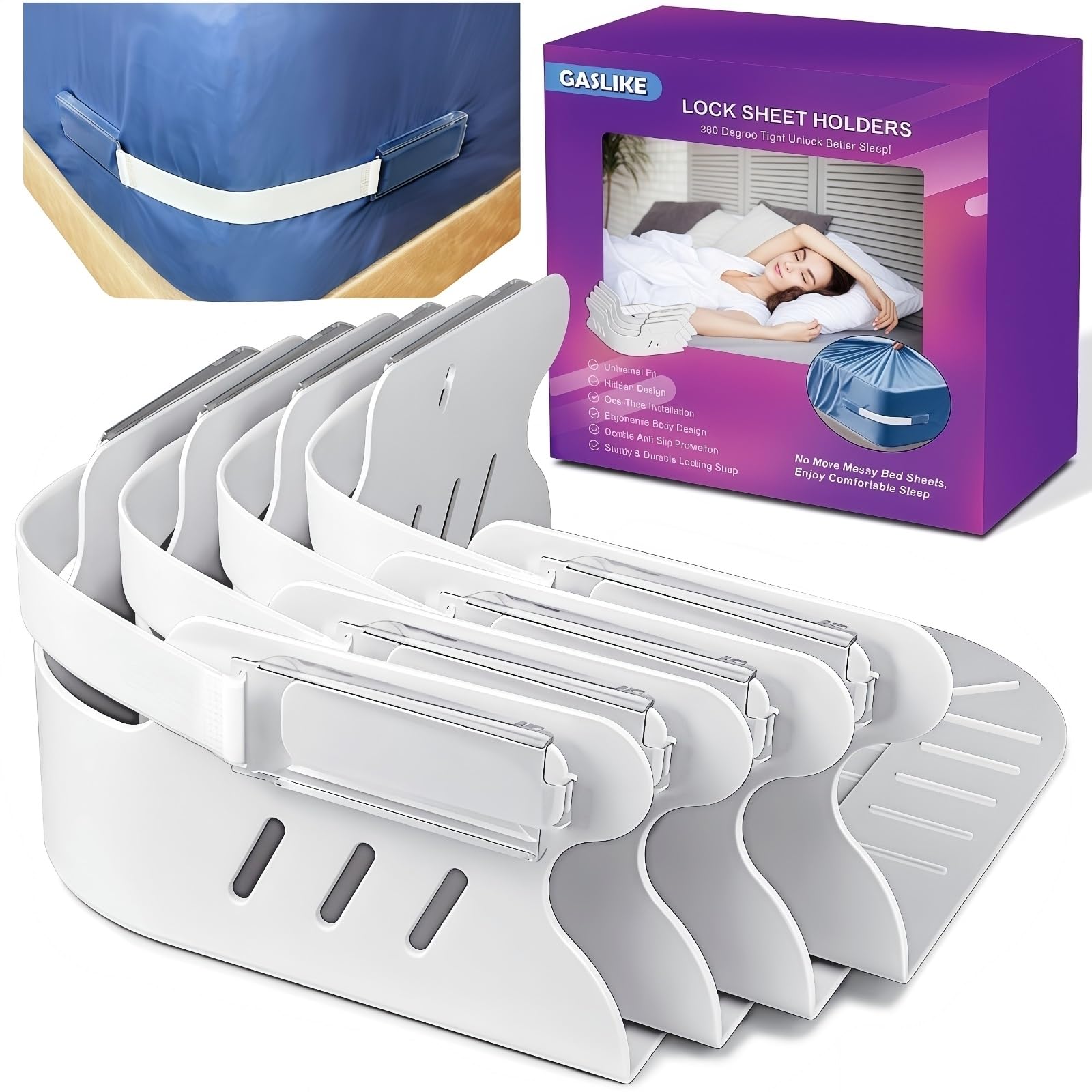 GASLIKE Lock Bed Sheet Holders with Anti-Slip Pads for Corners, 4Pcs Secure Bed 