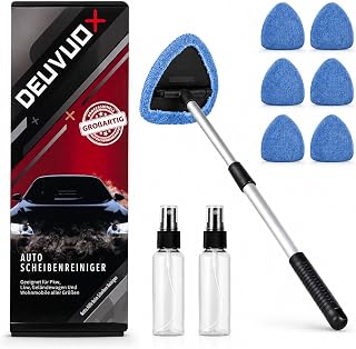 Windshield Cleaner Tool, 21" Extendable Handle, Car Interior Window Cleaner | Extendable Handle, Streak &amp; Lint-free, 4 Reusable Microfiber Pads, 2 Spray Bottles, Auto Glass Wiper Brush for Car &amp; Home