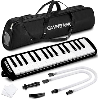 Eavnbaek 32 Keys Melodica Instrument, Soprano Melodica Air Piano Keyboard Pianica with 2 Soft Long Tubes, 2 Short Mouthpieces and Carrying Bag (Black)