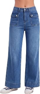 EMMIOL Women's Wide Leg Jeans Tummy Cover Mid High Waist Straight Stretch Denim Pants with Pockets