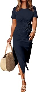 ANRABESS Summer Women Short Sleeve Round Neck Maxi Dress Tie Waist Casual Slim Fit Slit Beach Dresses