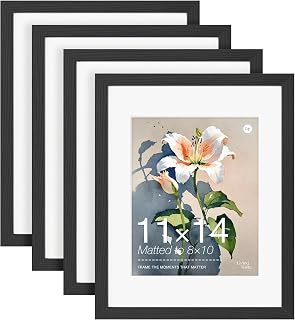 LIVINGTASTE 11x14 Picture Frame Set of 4 Wood Solid Veneer Black 11x14 Frames with Mat to 8x10, Wooden 4 Pack 11 x 14 Picture Frame with Shatterproof Plexiglass for Vertical or Horizontal Wall Mounting Display