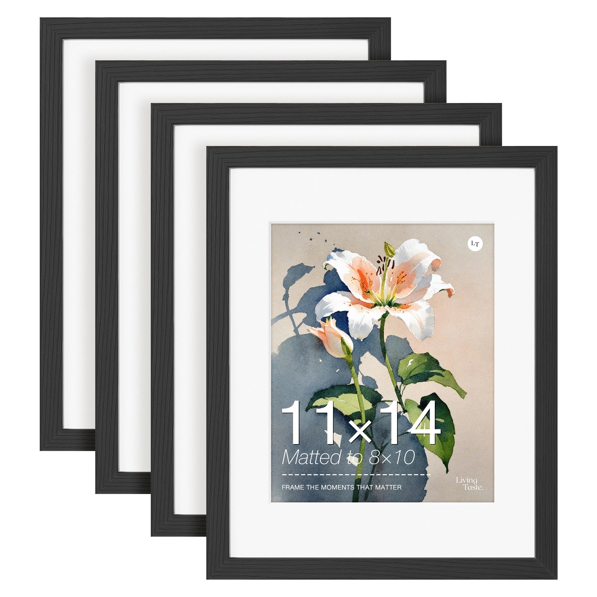 LIVINGTASTE 11x14 Picture Frame Set of 4 Wood Solid Veneer Black 11x14 Frames wi