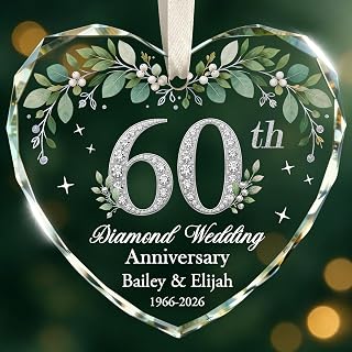 Personalized 60th Wedding, Crystal Glass Heart Ornament