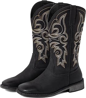 SheSole Wide Calf Cowboy Boots Women Square Toe Western Embroidered Mid Calf Cowgirl Boots, Pull On & Padded Insole Low Heel Fashion Boots for Country Concerts & Work Casual Everyday Style