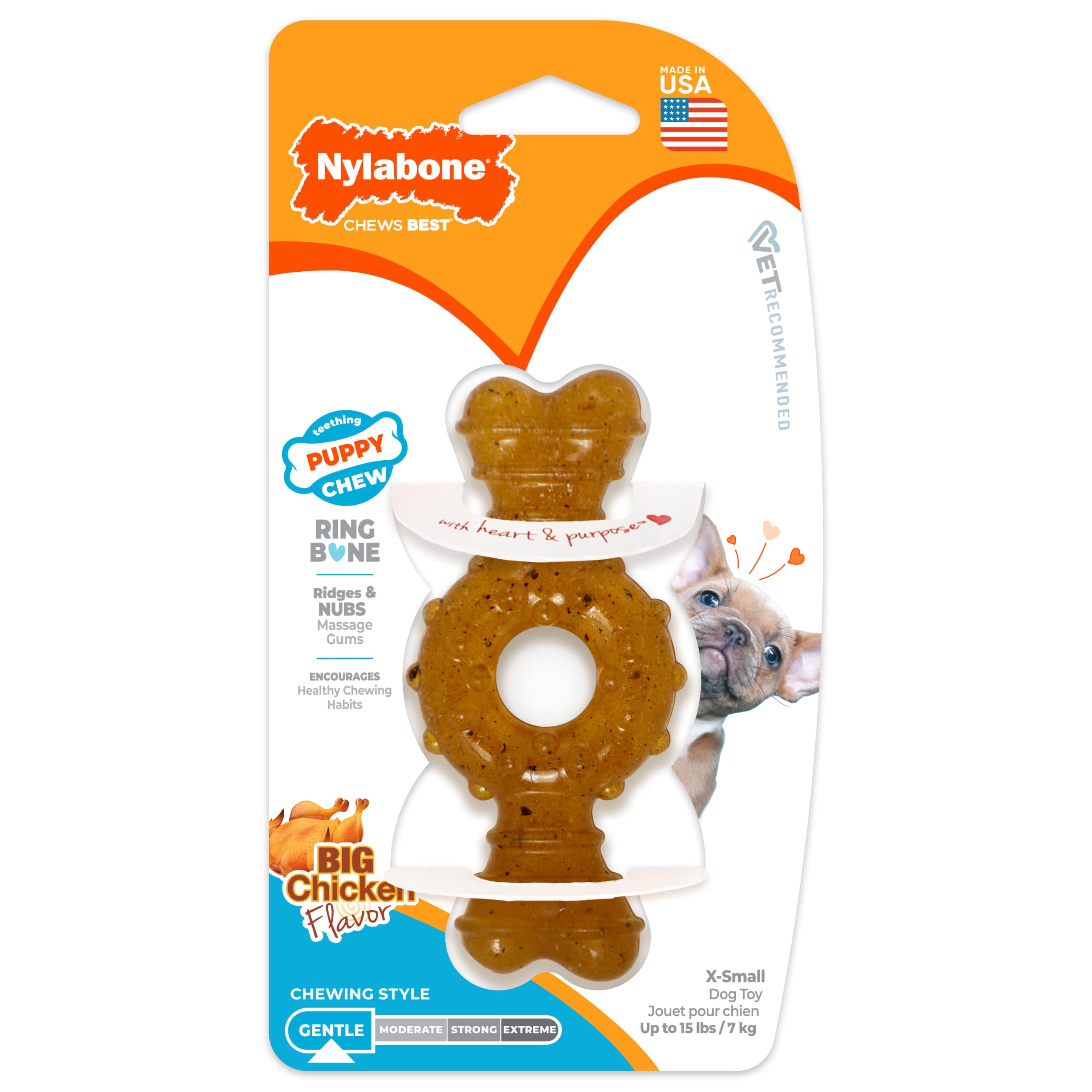 Nylabone Puppy Chew Teething Ring Bone Dog Toy, Chicken Flavor, X-Small | Soothi