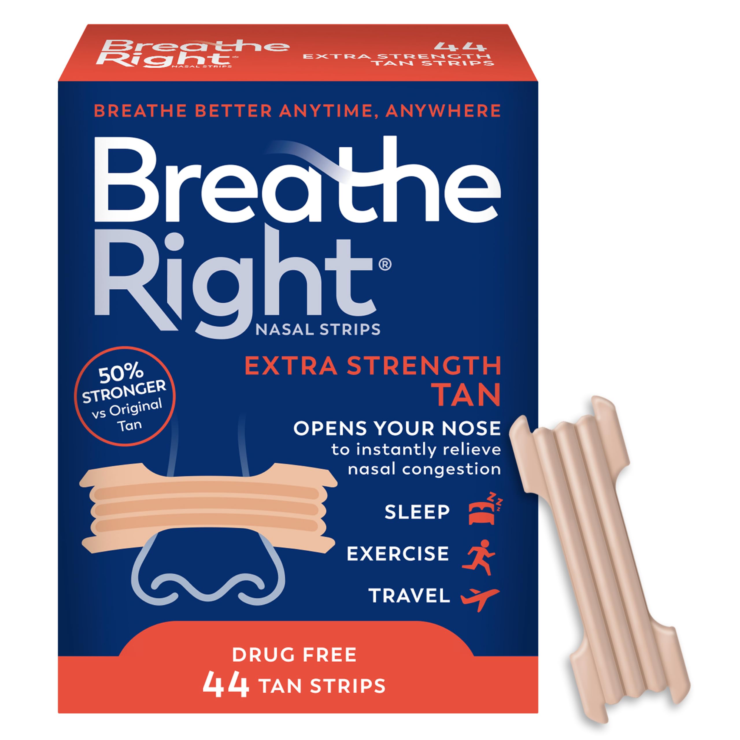 Breathe Right Nasal Strips, Extra Strength, Nasal Congestion, Tan, 44ct | Opens 