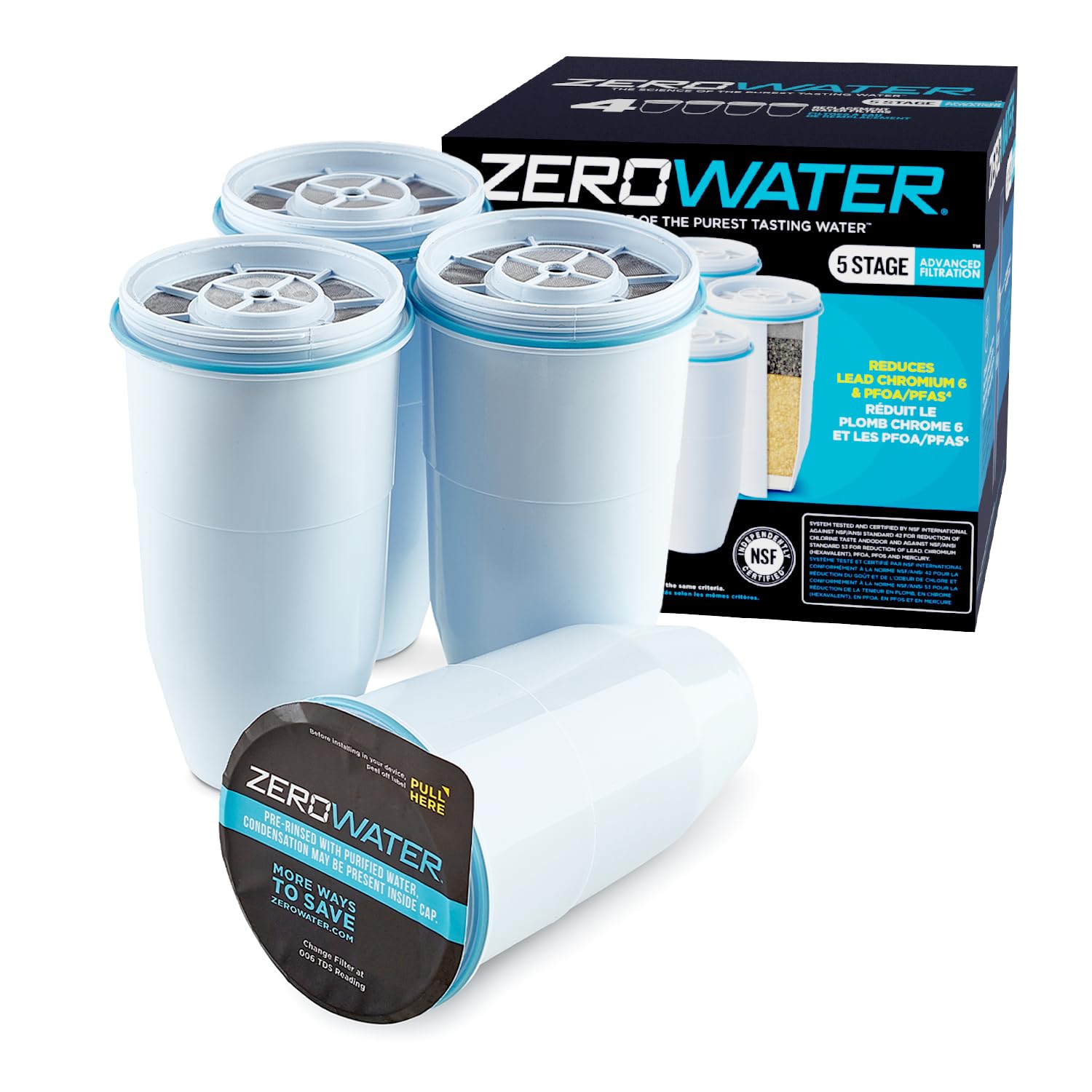ZeroWater Official Replacement Water Filter - 4 Pack | 5-Stage 0 TDS Filter Repl