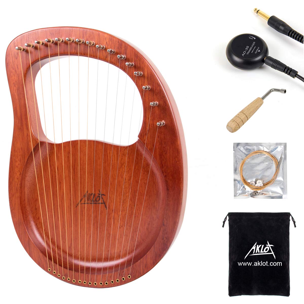 Lyre Harp, AKLOT 16 Metal Strings Mahogany Lye Harp with Tuning Wrench,Spare Str