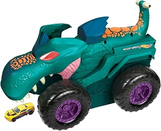 Hot Wheels Monster Trucks Car Chompin' Mega-Wrex Giant Vehicle & Car | Features Light and Sound Effects, "Eats" & "Poops" 1:64 Scale Die-Cast Toy Vehicles, One Car is Included, GYL13