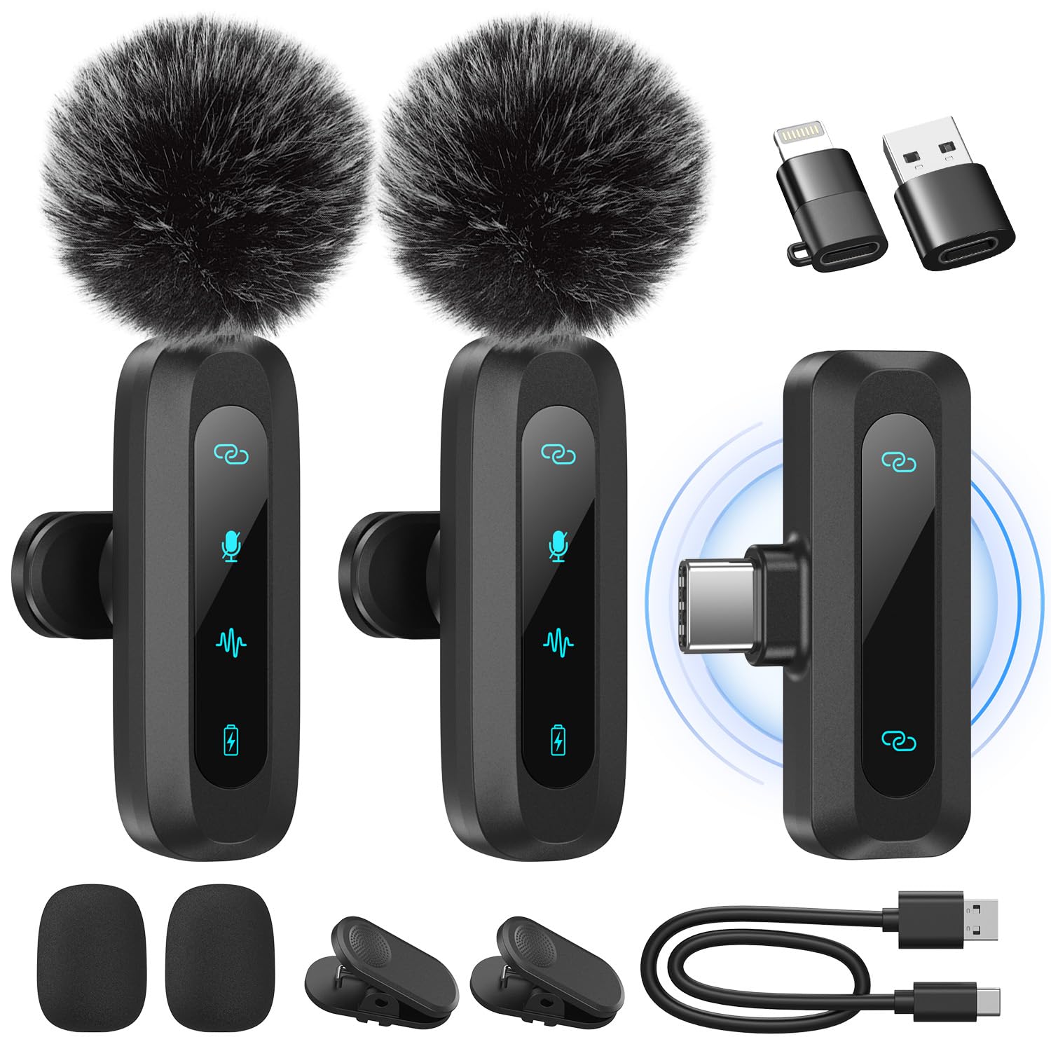 Wireless Lavalier Microphone for iPhone, iPad, Android Phone, 2-Pack Mini Microp
