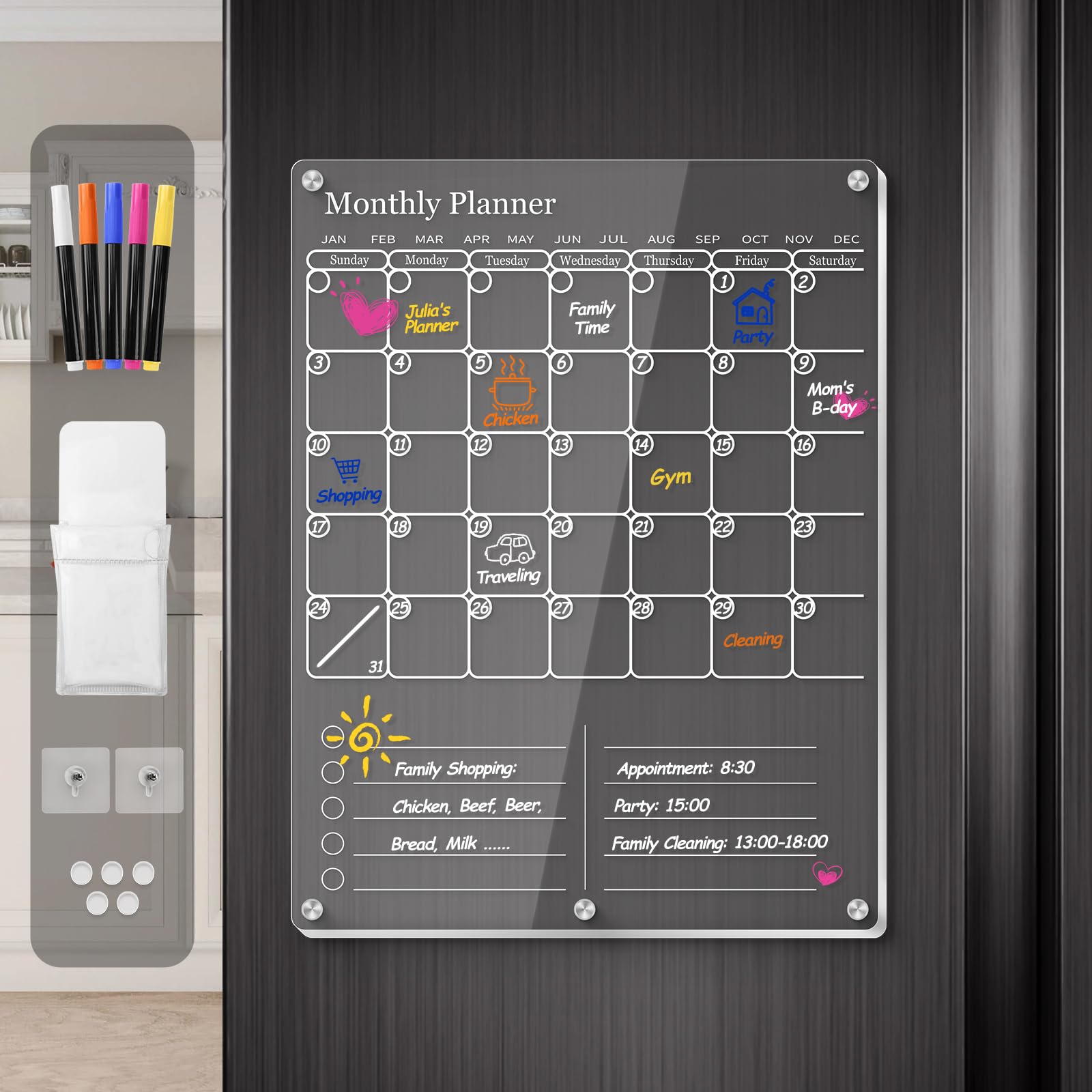 Acrylic Magnetic Fridge Calendar, Clear Dry Erase Board Calendars for Refrigerat