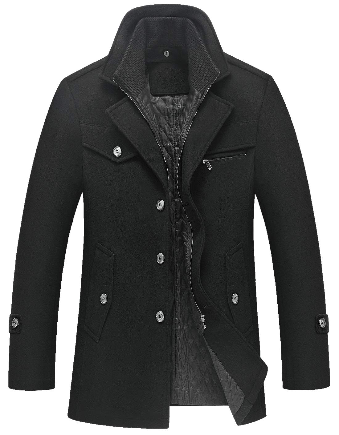 chouyatou Men's Gentle Layered Collar Single Breasted Quilted Lined Wool Blend P