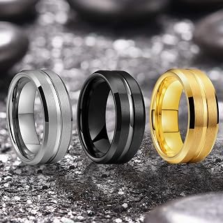 Tungsten Carbide Wedding Band for Men - 8mmGrooved Ring in Black/Silver/Gold, Sizes 7-12