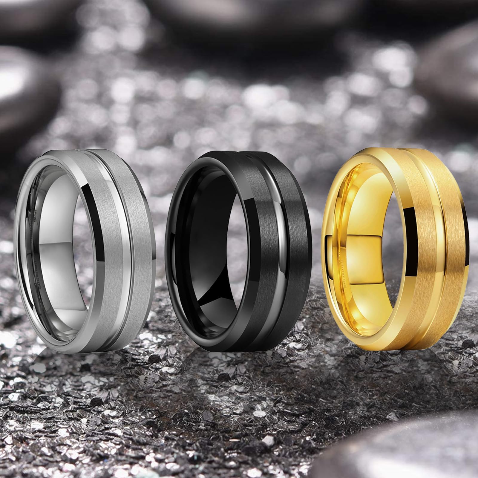 Tungsten Carbide Wedding Band for Men - 8mmGrooved Ring in Black/Silver/Gold, Si