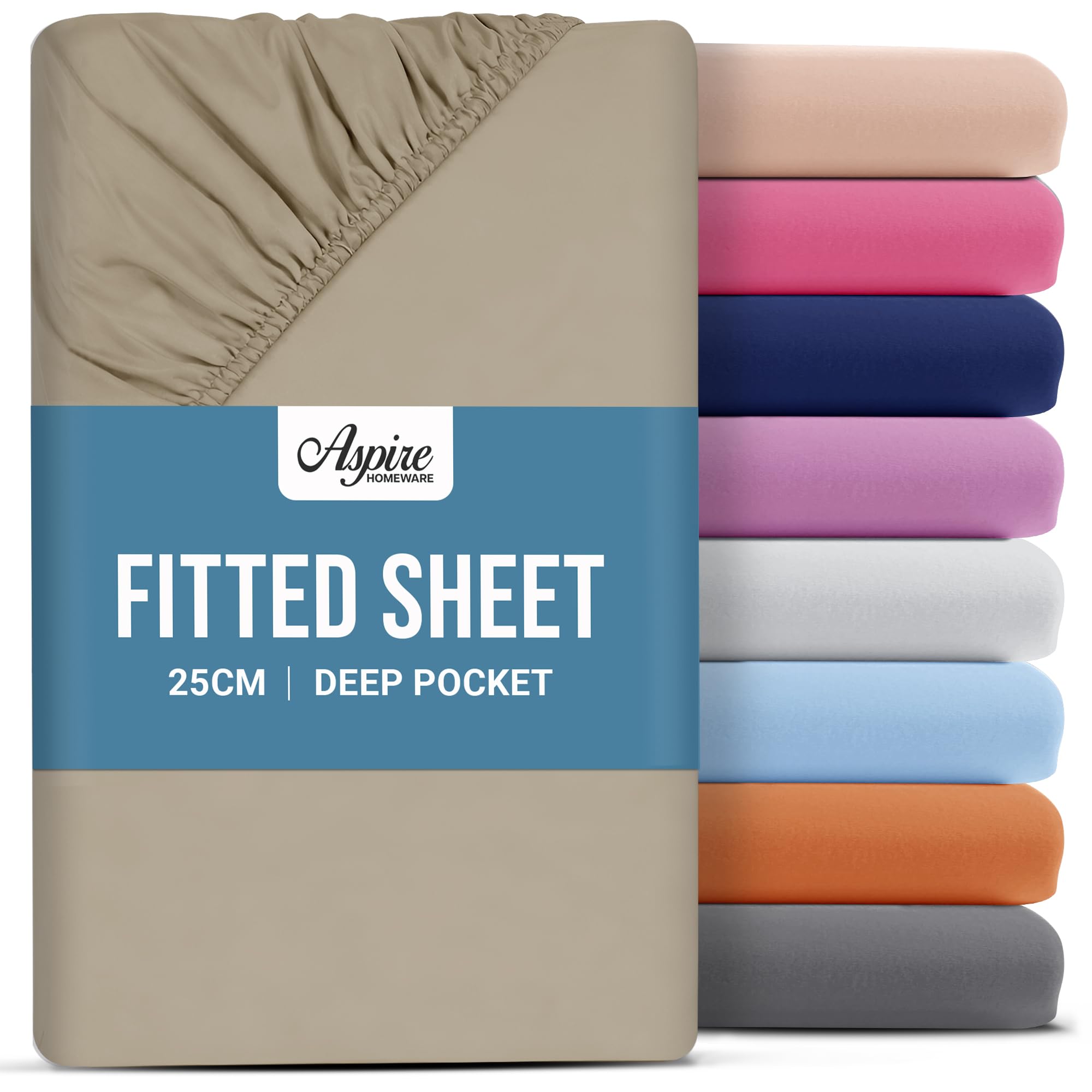 Aspire Homeware King Size Fitted Sheets - 25 cm Deep Hotel Quality (Beige) Bed S