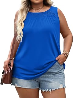 Micoson Plus Size Tank Tops Pleated Round Neck Shrits for Women Sleeveless Dressy Casual Tunic (1X-5X)