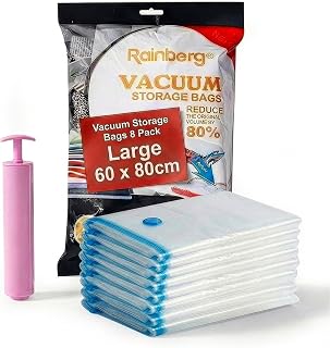 Rainberg 8 Pack Large Vacuum Storage Bags, Home and Travel Vacuum Bags with Pump featuring Double Zip Seal & Triple Seal Turbo-Valve for Maximum Space Saving, Up to 80% More Space (60 x 80cm)