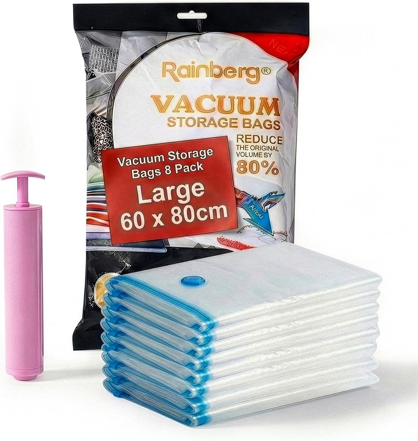 Rainberg 8 Pack Large Vacuum Storage Bags, Home and Travel Vacuum Bags with Pump