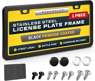Powder-Coated Matte Black Thin License Plate Frame, 1 Piece, Front or Rear | Street Legal, Stainless Steel, No-Rust, No-Rattle, Slim 2 Hole with Screw Caps, Car Wash Proof, Gloss Thin Metal Tag Holder