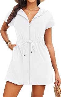 Terry Cloth Cover Ups - Hooded Cotton Swim Sun Cover-up with Zipper Pockets Beach Swimsuits