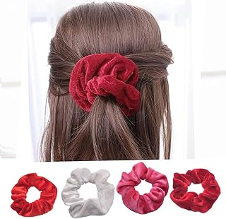 Velvet Scrunchies for Women Soft Velvet Scrunchies Thick Wrinkle Free Stretchy Ponytail Holder Elastic (White, Bright Red, Pink, Wine Red)