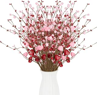 RAINFLOW 6PCS Artificial Red Berry Stems - 16.5" Heart Berry Picks
