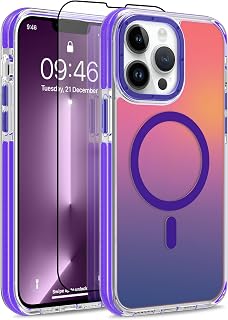 Magnetic Case for iPhone 13 Pro [Compatible with Magsafe] [Cute Fashion Fluorescent Design] [1 Screen Protector] Slim Translucent Matte Case for iPhone 13 Pro 6.1" 2021, Purple
