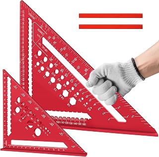 Flintronic 2 Pcs Speed Square Set, 18+30cm/ 7+12inch Aluminum Alloy Triangle Ruler, Metric Woodwork Square with Carpenter Pencil* 2, Carpenters Squares for Angle Measuring Marking Drilled Hole, Red