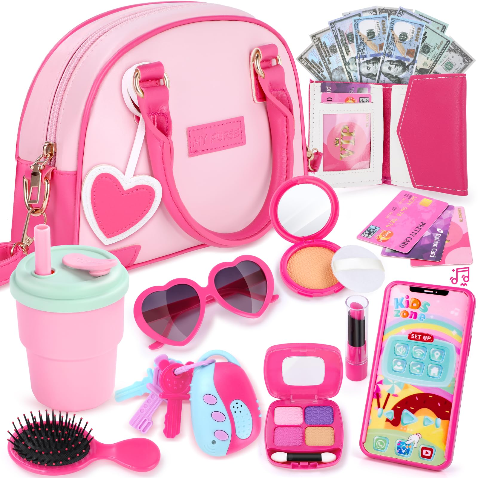 INNOCHEER Little Girls Purse, Kids Toy Purse with Pretend Makeup, Play Purse for