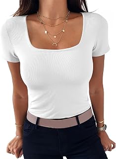 Aottori T-Shirt Donna Scollo Quadrato Costine Slim Fit Estivo