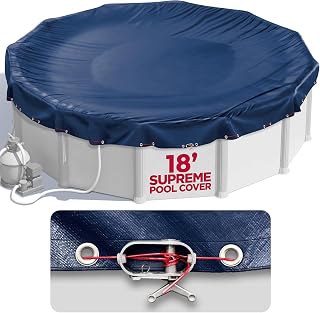 18 ft Round Winter Pool Cover for Above Ground Pools, Navy Blue, Resistant | Durable Woven PE, Tear-Resistant, Weatherproof, -10°F, 3-ft Overlap, Cable, Winch & Grommets, Blocks Debris & Snow