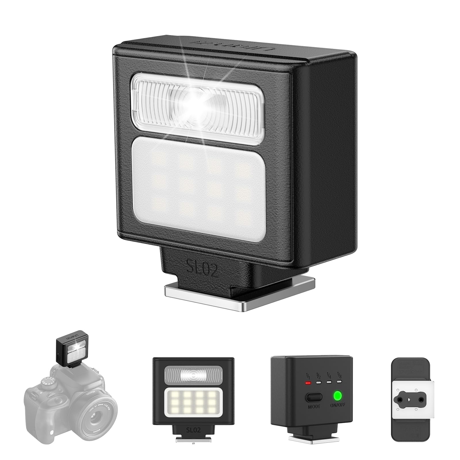 ULANZI SL02 Camera Flash with Video Light, GN8 6500K Mini Flash Speedlite | 4 Po