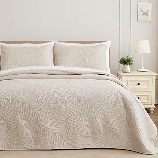 Exclusivo Mezcla Soft Lightweight Full Queen Quilt Bedding Set | 3-Pieces Fall Quilts Queen Size with Leaves Pattern, Beige Cream Decorative Microfiber Coverlets Bedspreads for Bedroom